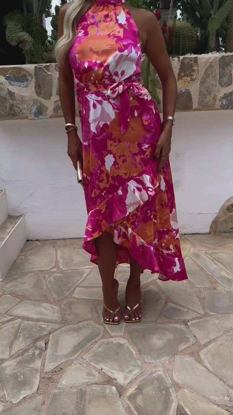 Ax Paris Pink And Peach Abstract Printed Halterneck Tie Waist Dipped Hem Midi Dress