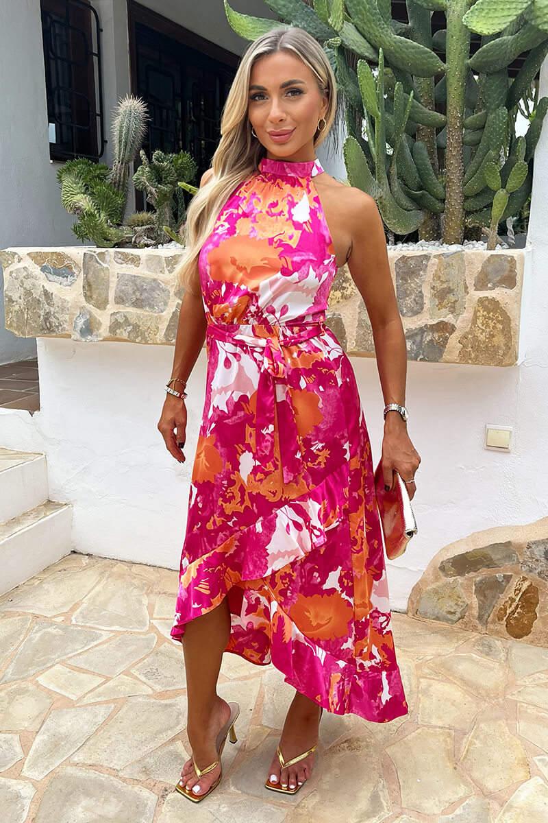 ax paris Pink And Peach Abstract Printed Halterneck Tie Waist Dipped Hem Midi Dress