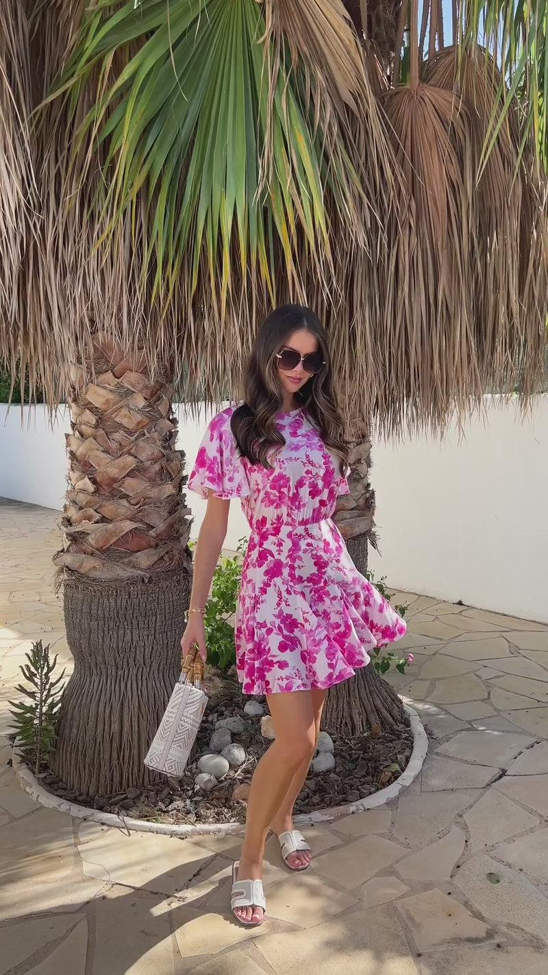 Ax Paris Pink And White Floral Print Butterfly Sleeve Skater Mini Dress