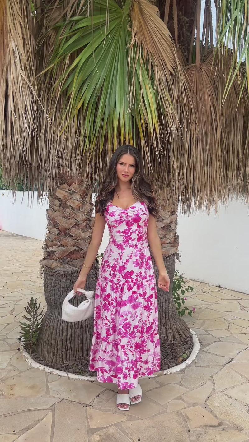 Ax Paris Pink And White Floral Print Shirred Straps Tiered Midi Dress