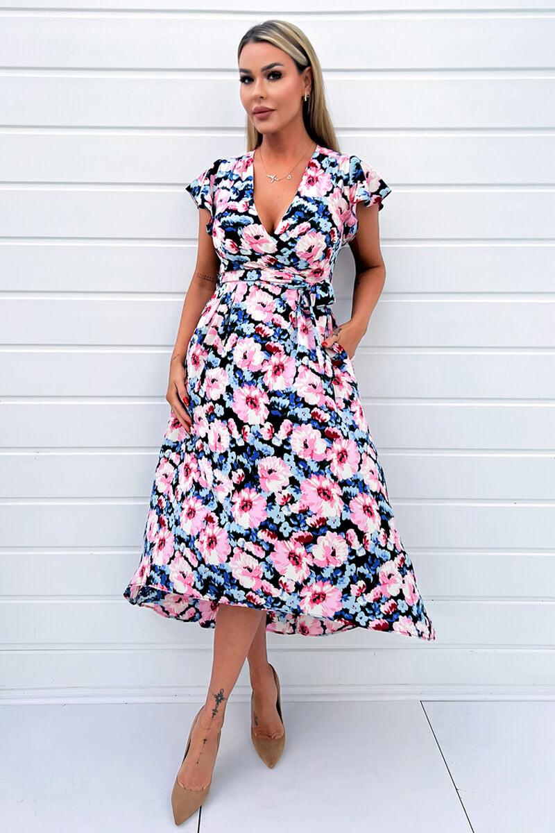 Ax Paris Pink Floral Print Short Sleeve Belted Wrap Midi Dress