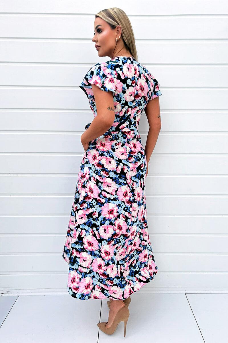 Ax Paris Pink Floral Print Short Sleeve Belted Wrap Midi Dress