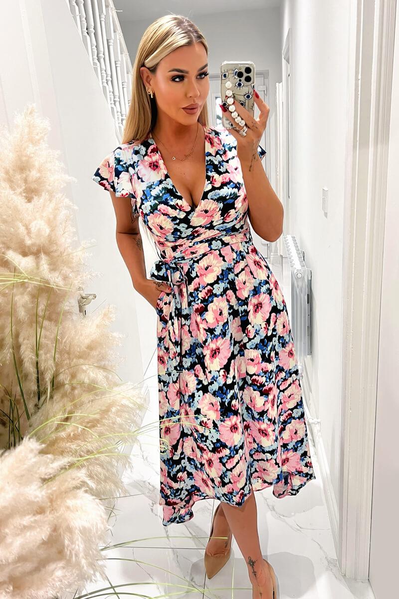 ax paris Pink Floral Print Short Sleeve Belted Wrap Midi Dress