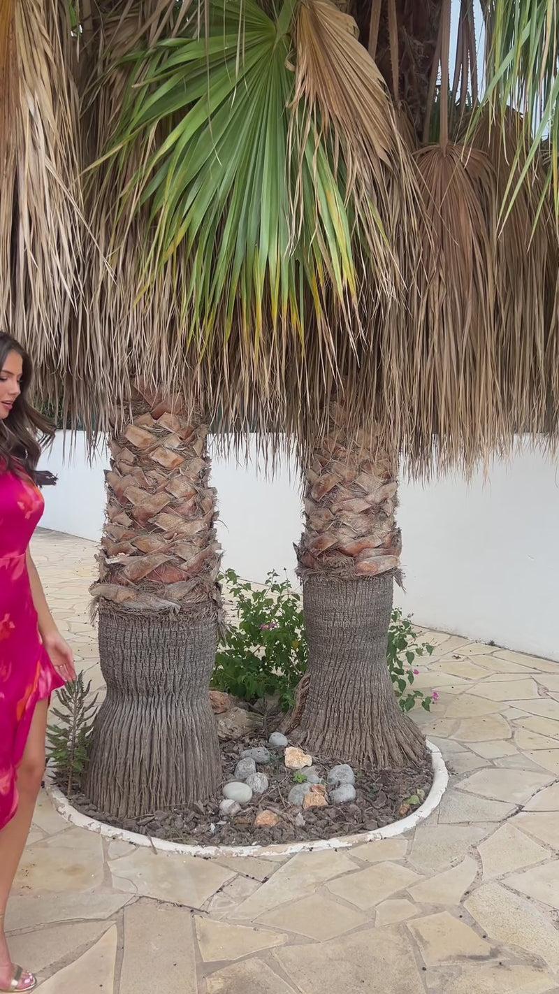 Ax Paris Pink Smudge Print Racer Neck High Low Frill Hem Midi Dress