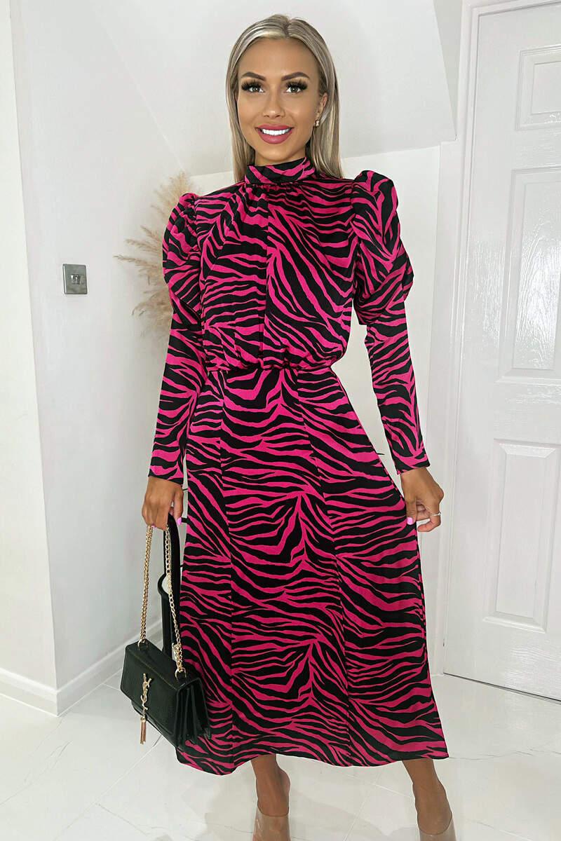 Ax Paris Pink Zebra Print Long Puff Sleeve Midi Dress