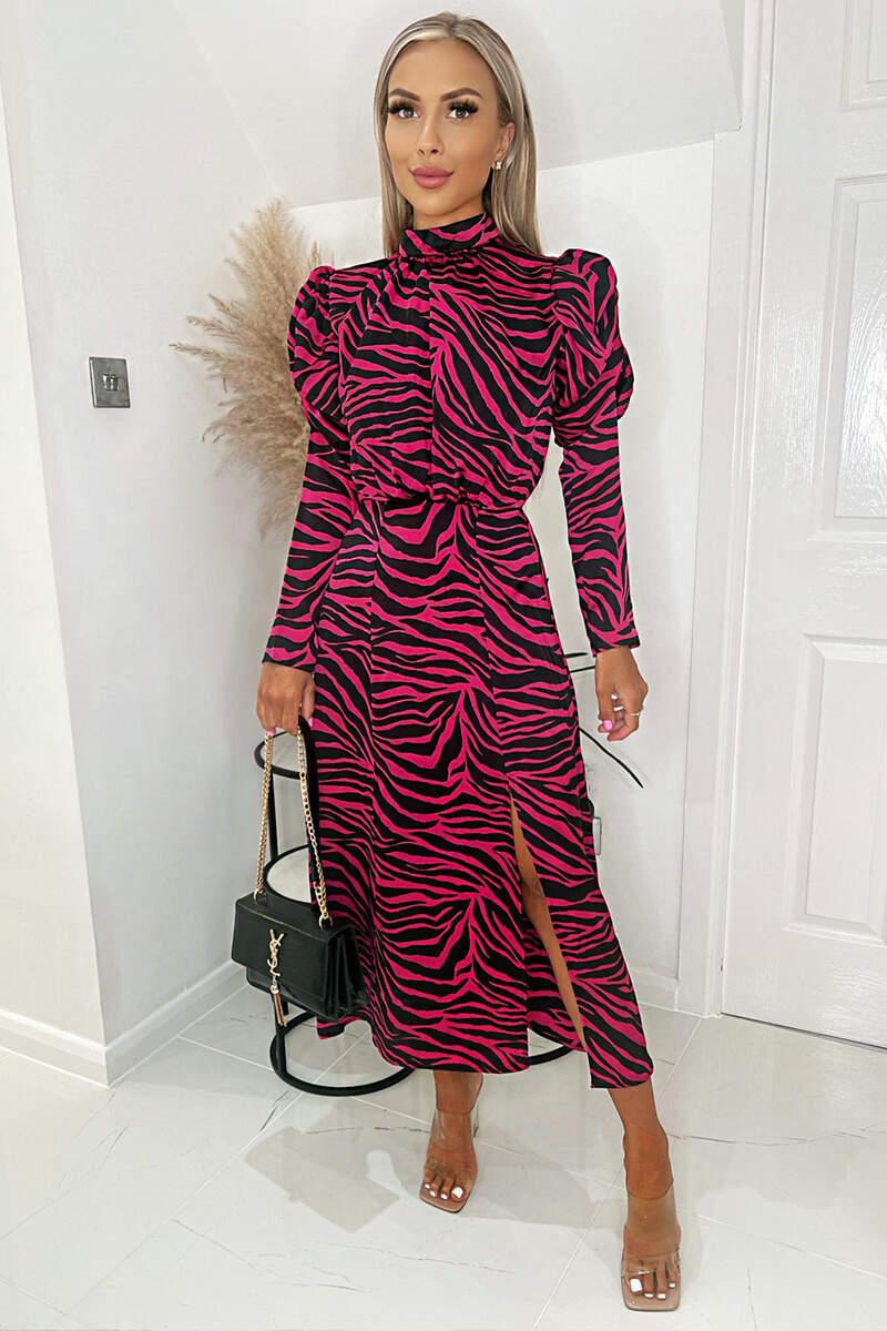ax paris Pink Zebra Print Long Puff Sleeve Midi Dress