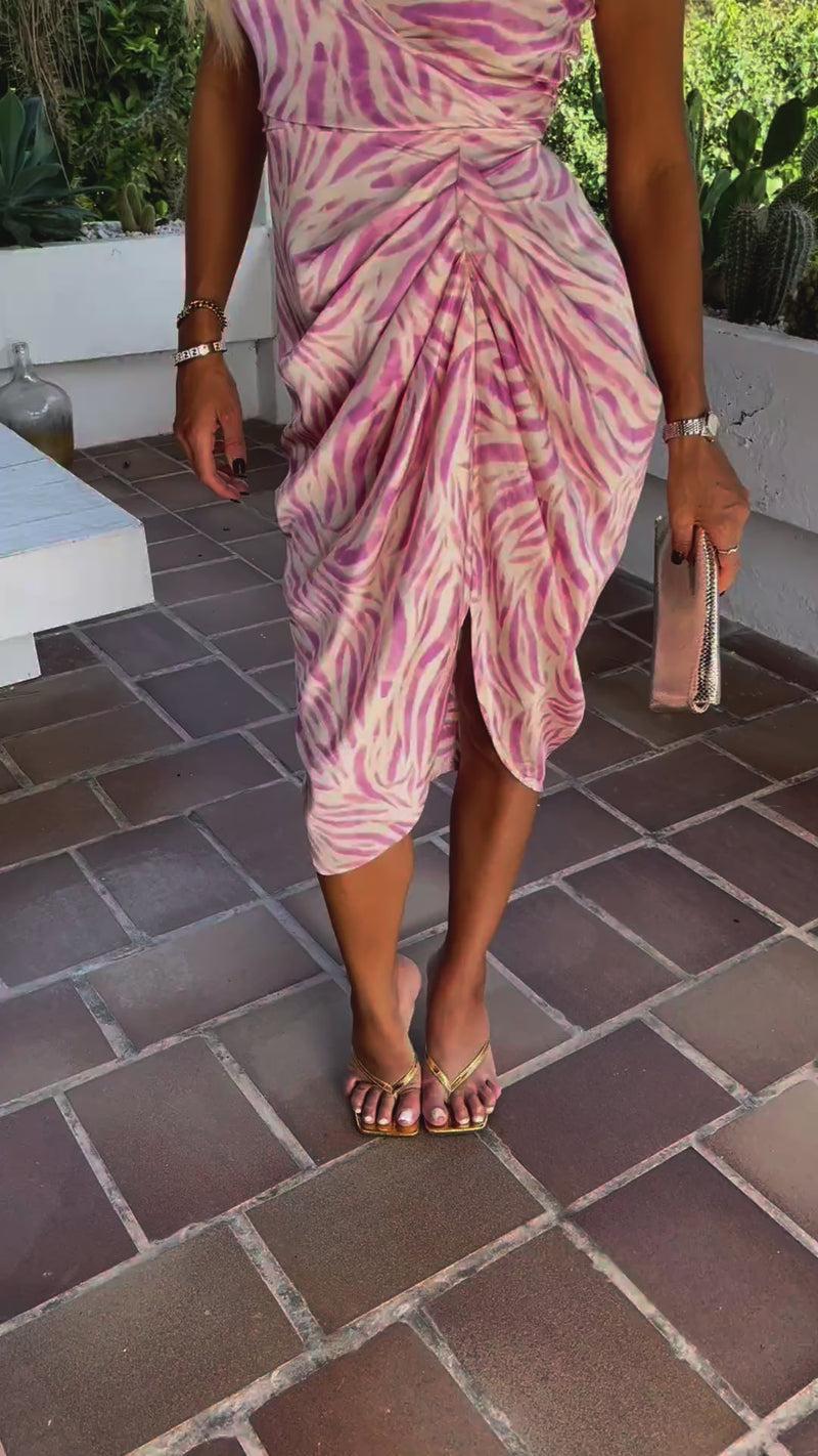 Ax Paris Pink Zebra Print Strappy Wrap Top Gathered Skirt Midi Dress