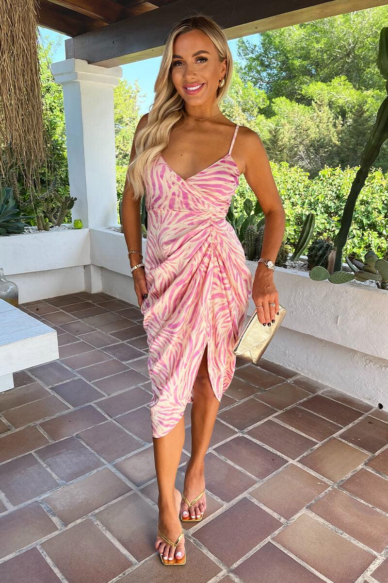 ax paris Pink Zebra Print Strappy Wrap Top Gathered Skirt Midi Dress ax paris Pink Zebra Print Strappy Wrap Top Gathered Skirt Midi Dress