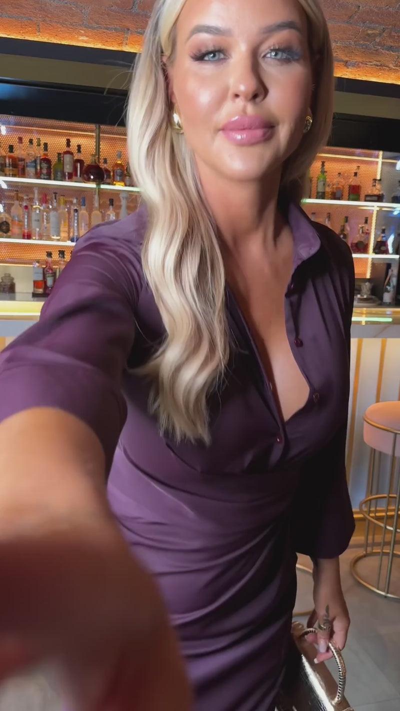 Ax Paris Plum 3/4 Sleeves Gathered Waist Shirt Midi Dress