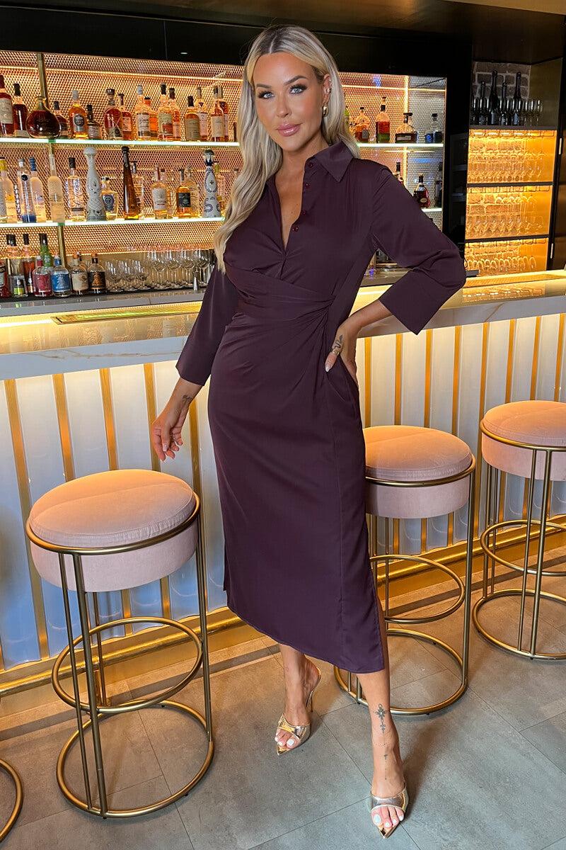 Ax Paris Plum 3/4 Sleeves Gathered Waist Shirt Midi Dress