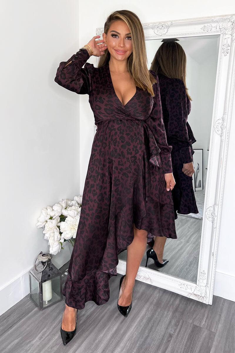 Ax Paris Plum Animal Print Long Sleeve Wrap Over Frill Hem Midi Dress