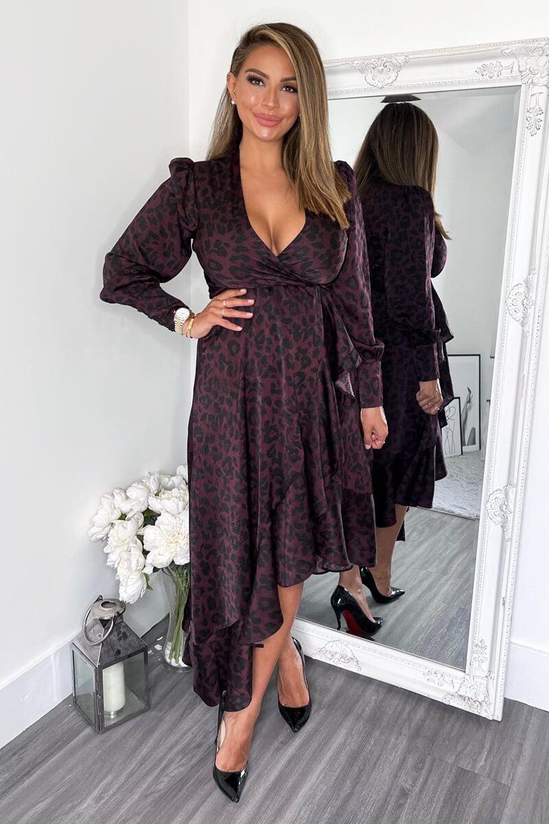 Ax Paris Plum Animal Print Long Sleeve Wrap Over Frill Hem Midi Dress