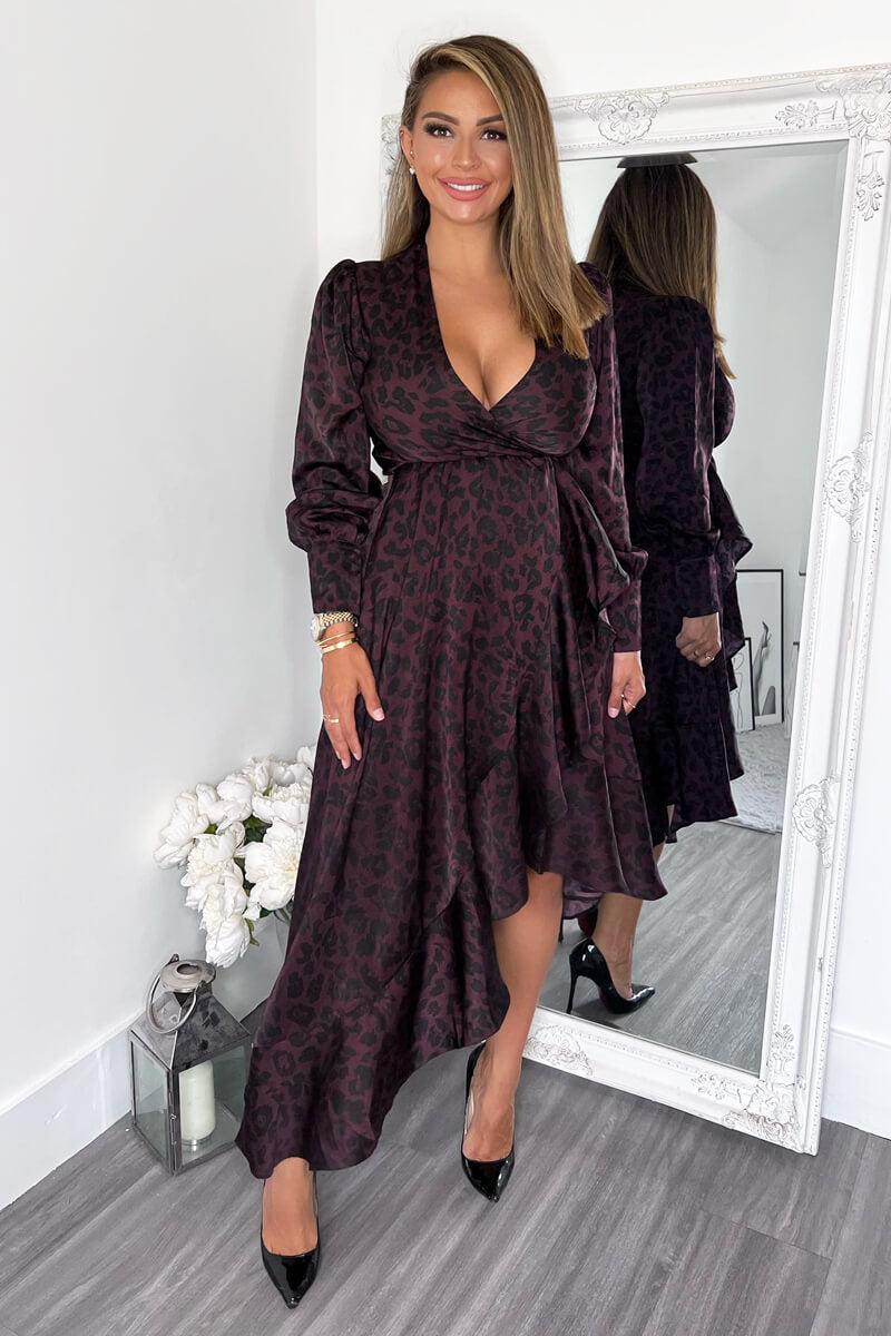 ax paris Plum Animal Print Long Sleeve Wrap Over Frill Hem Midi Dress