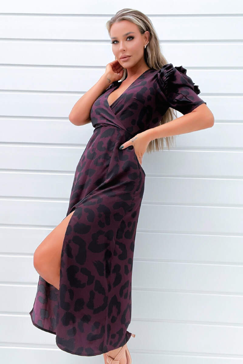 Ax Paris Plum Animal Print Pleated Sleeve Midi Dress