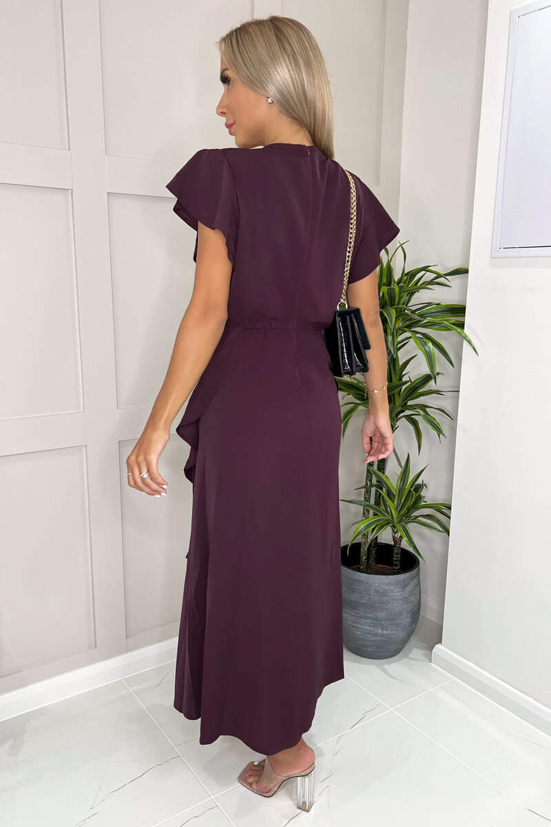 Ax Paris Plum Frill Detail Double Split Skirt Midi Dress