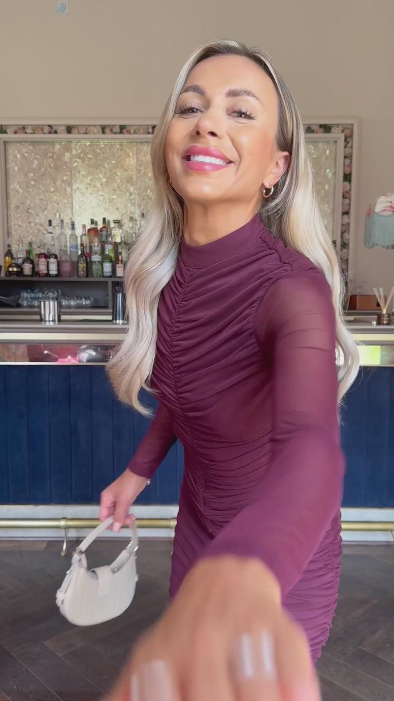 Ax Paris Plum High Neck Long Sleeve Ruched Bodycon Mesh Midi Dress