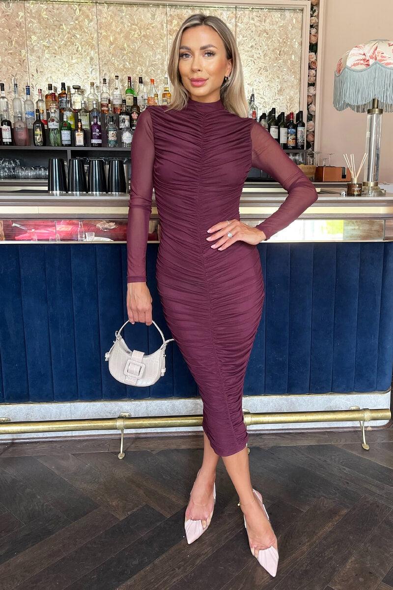 Ax Paris Plum High Neck Long Sleeve Ruched Bodycon Mesh Midi Dress