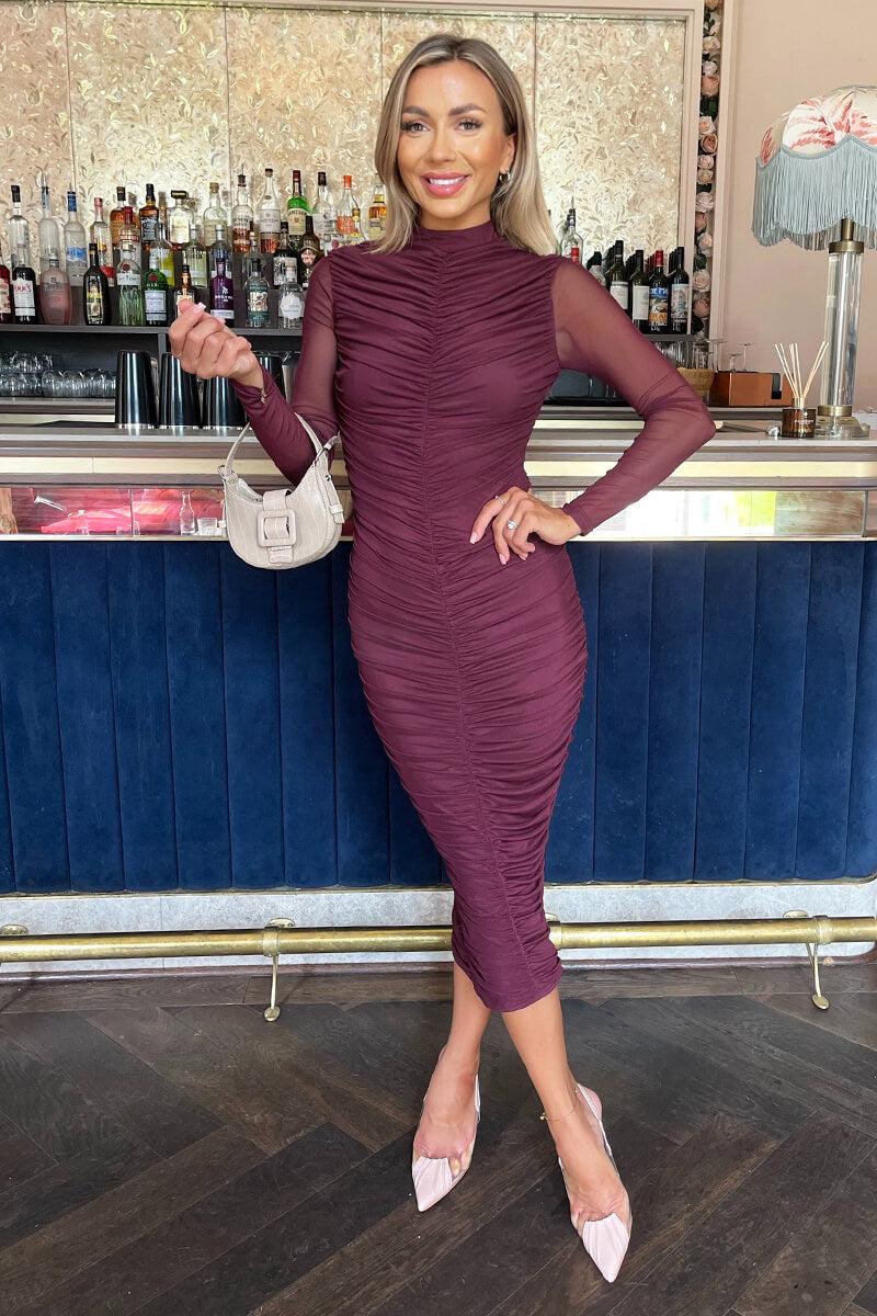 Ax Paris Plum High Neck Long Sleeve Ruched Bodycon Mesh Midi Dress