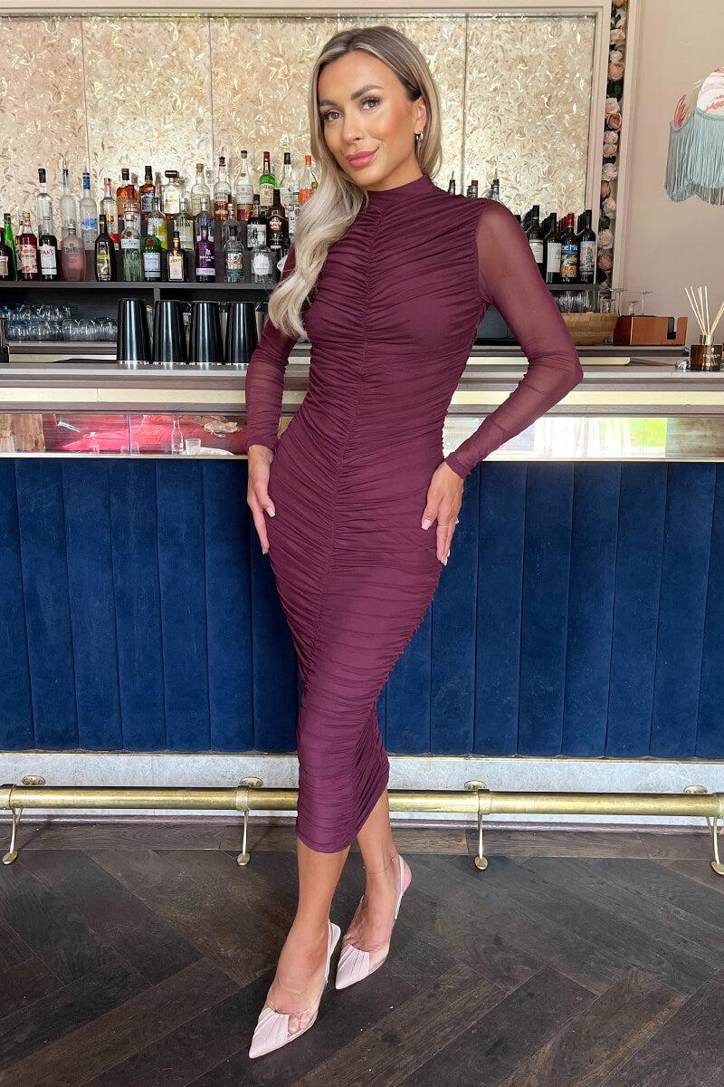 ax paris Plum High Neck Long Sleeve Ruched Bodycon Mesh Midi Dress
