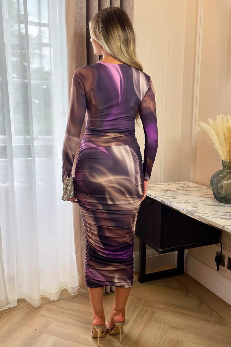 Ax Paris Plum Printed Long Sleeve Ruched Bodycon Midi Dress