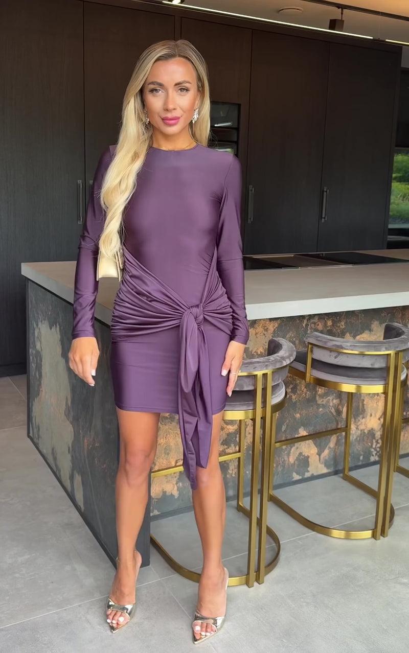 Ax Paris Plum Slinky Long Sleeve Sash Bodycon Mini Dress