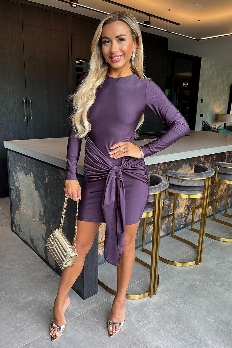 Ax Paris Plum Slinky Long Sleeve Sash Bodycon Mini Dress