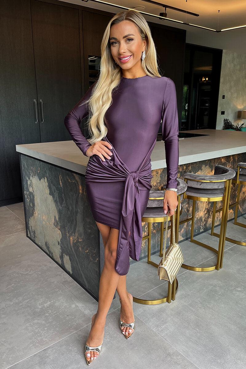 Ax Paris Plum Slinky Long Sleeve Sash Bodycon Mini Dress