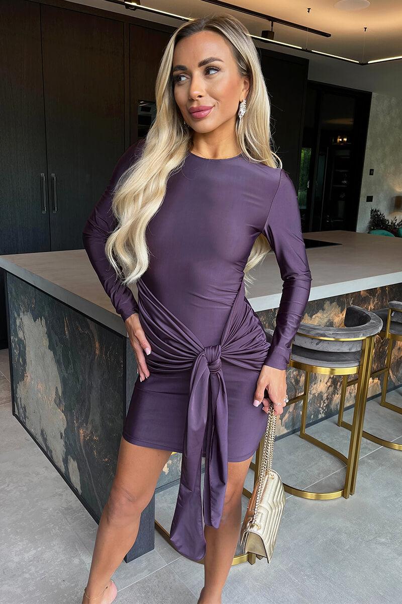 ax paris Plum Slinky Long Sleeve Sash Bodycon Mini Dress