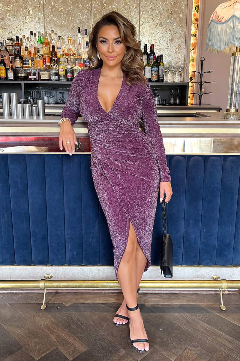 ax paris Plum Sparkle Long Sleeve Draped Waist Wrap Midi Dress