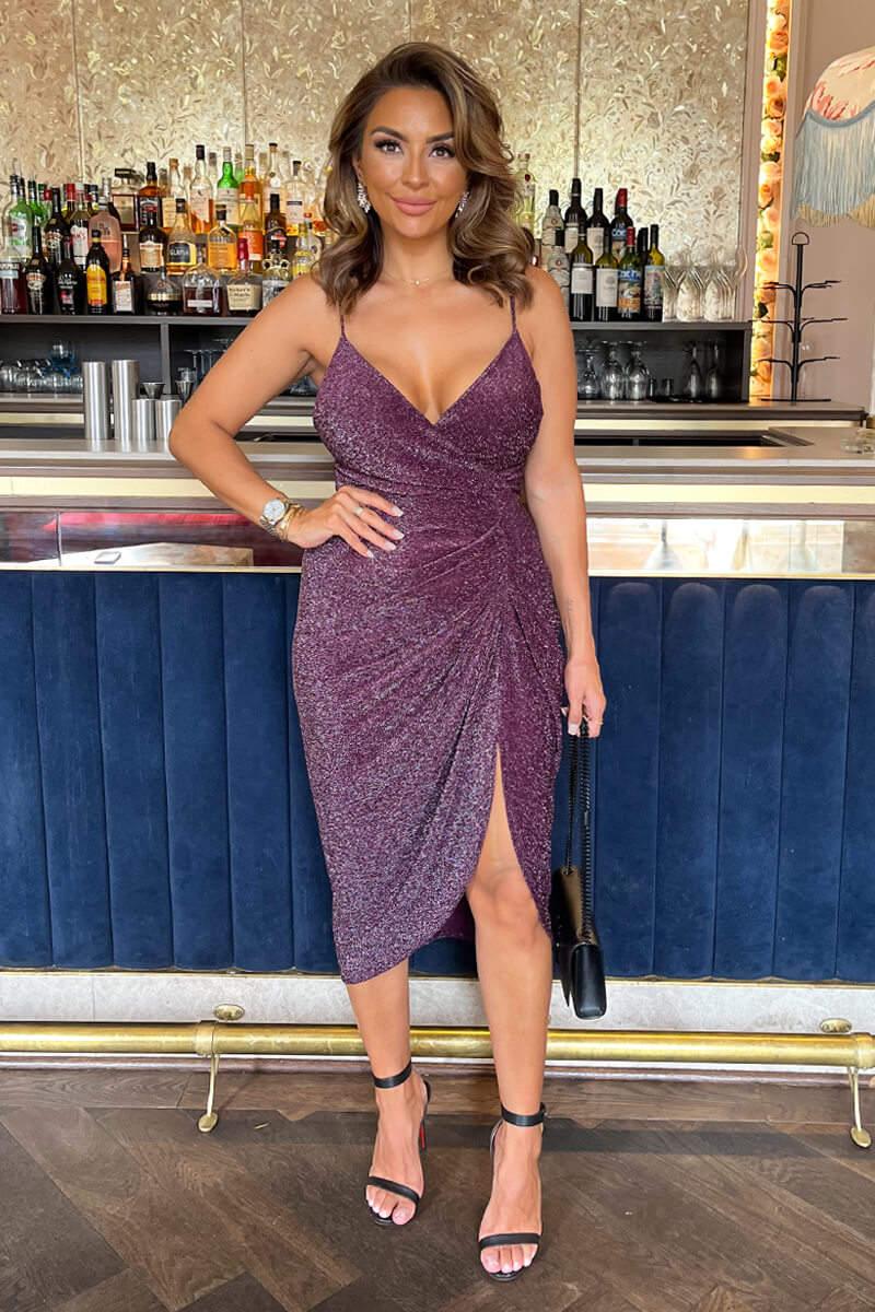 Ax Paris Plum Sparkle Strappy Wrap Top Gathered Skirt Midi Dress