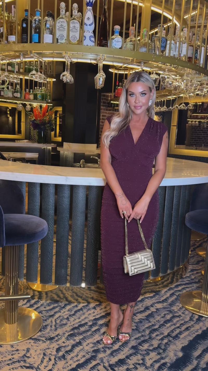 Ax Paris Plum Sparkle Wrap Top Ruched Skirt Midi Dress