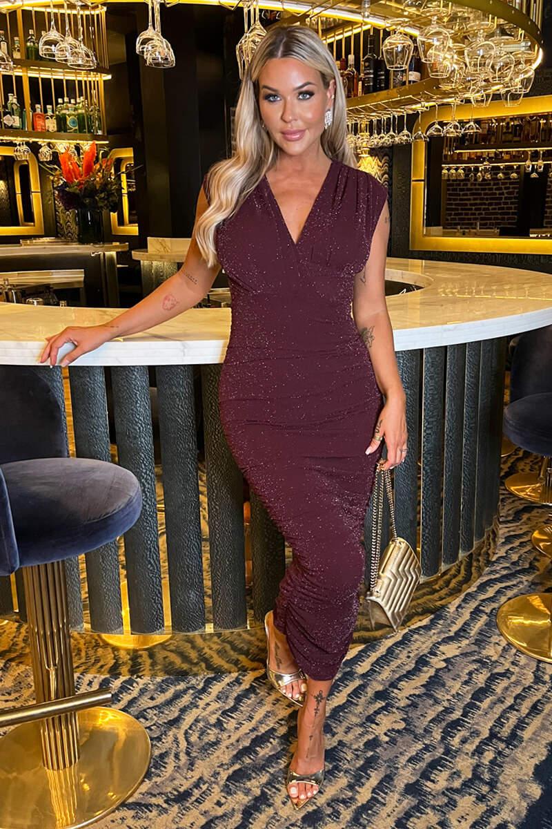 Ax Paris Plum Sparkle Wrap Top Ruched Skirt Midi Dress