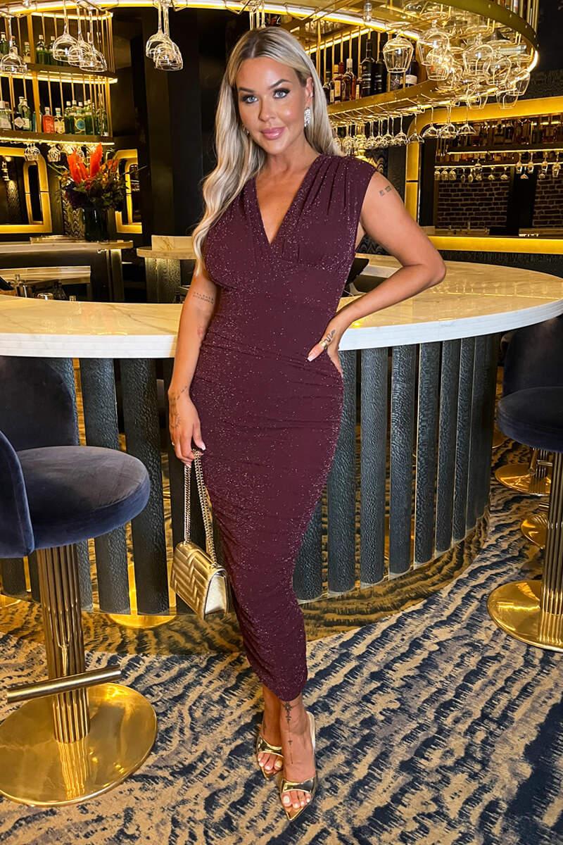 ax paris Plum Sparkle Wrap Top Ruched Skirt Midi Dress