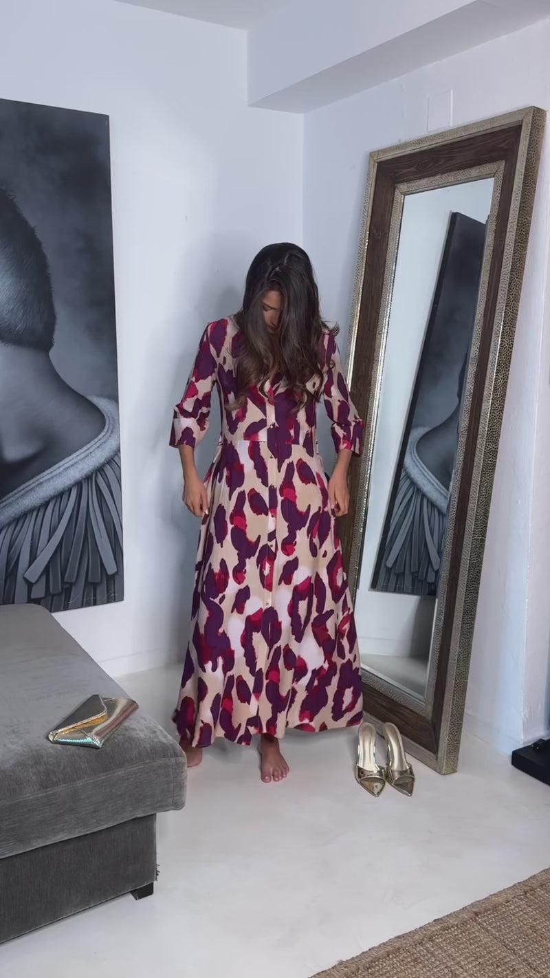 Ax Paris Purple And Cream Animal Print 3/4 Sleeve Shirt Midi Dress