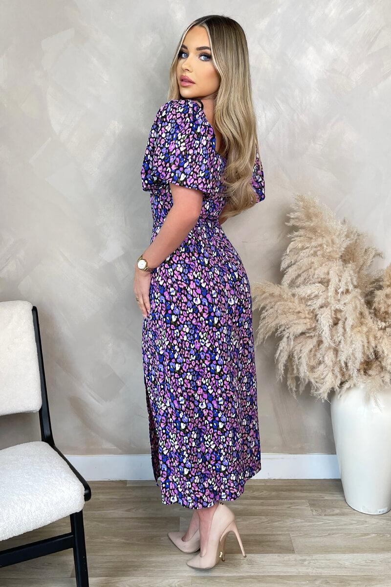 Ax Paris Purple Animal Print Short Sleeve Tie Front Midi Dress