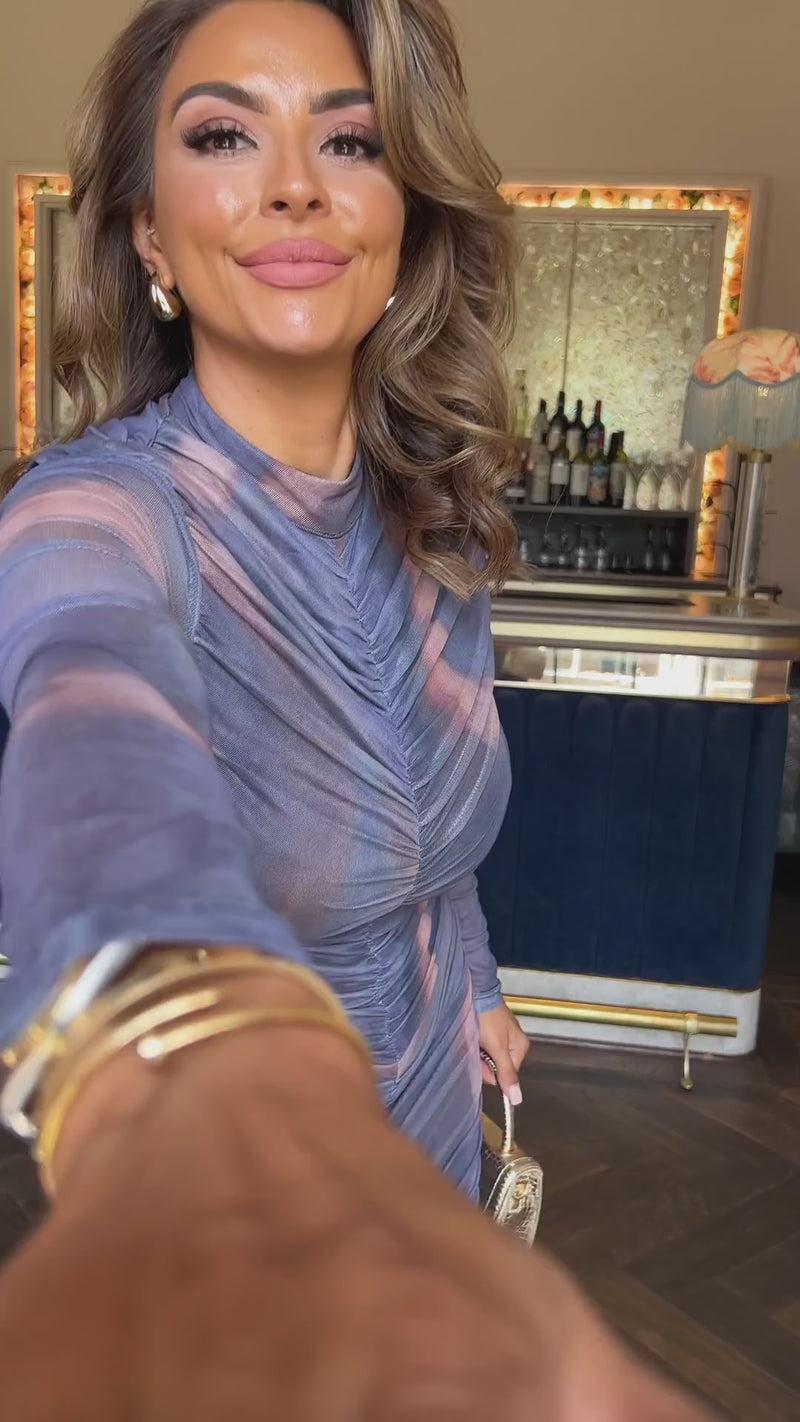 Ax Paris Purple Tie Dye Print High Neck Long Sleeve Ruched Midi Dress