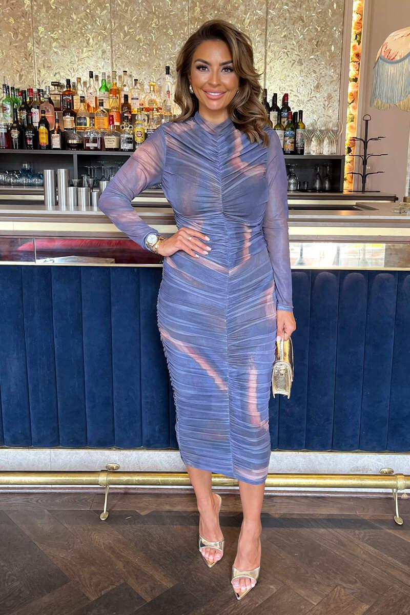 Ax Paris Purple Tie Dye Print High Neck Long Sleeve Ruched Midi Dress