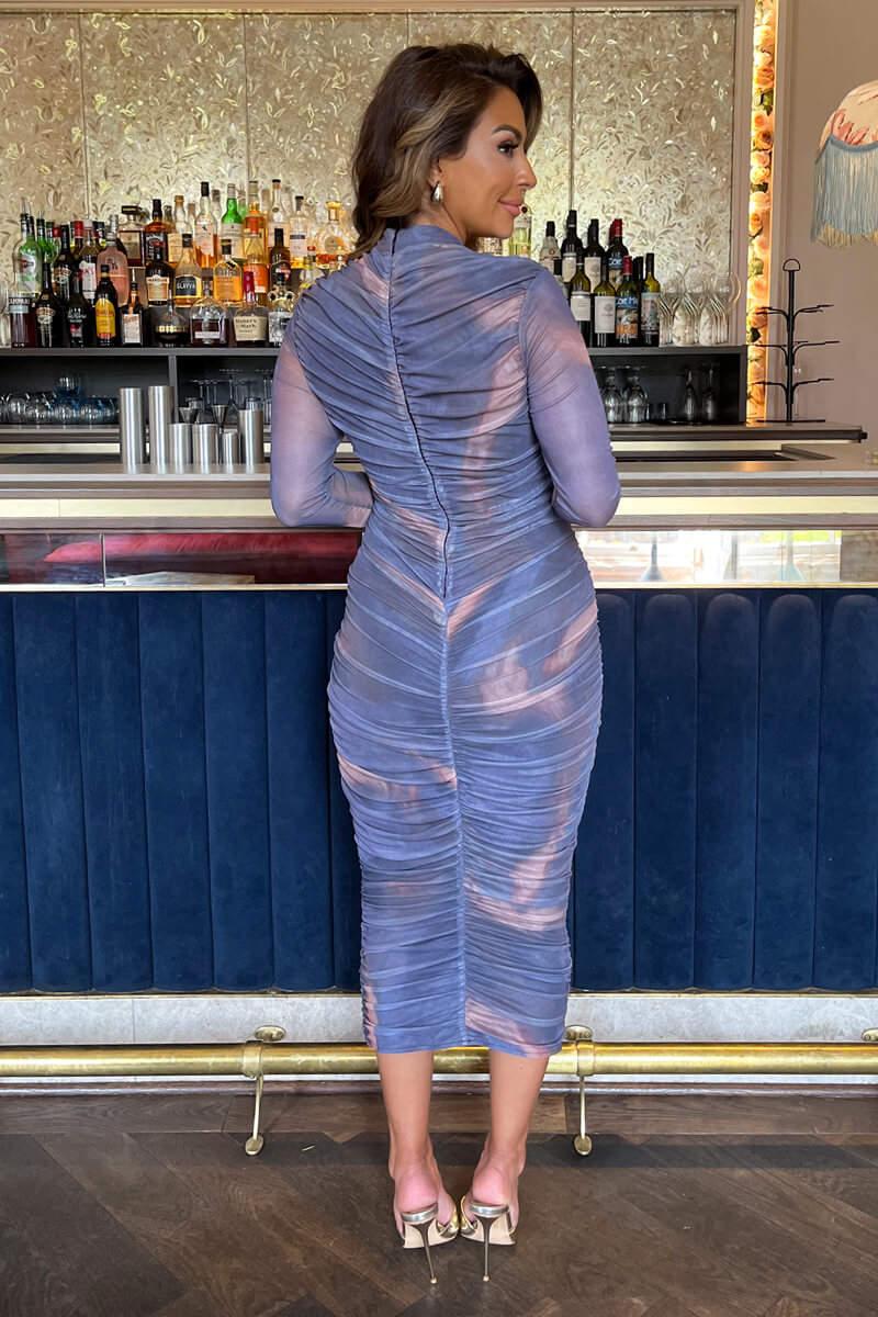 Ax Paris Purple Tie Dye Print High Neck Long Sleeve Ruched Midi Dress