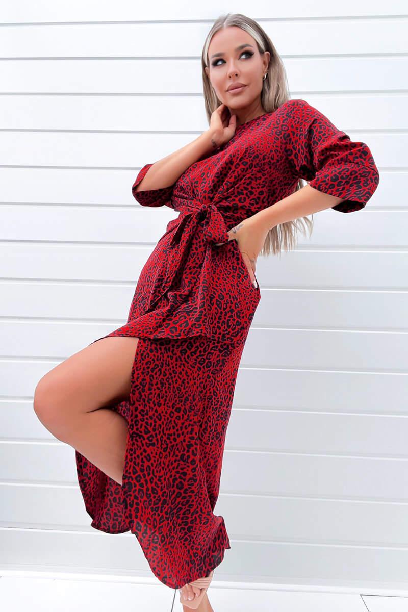 Ax Paris Red And Black Animal Print Tie Front Midi Dress