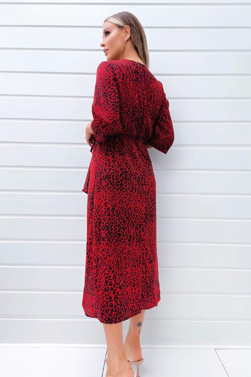 Ax Paris Red And Black Animal Print Tie Front Midi Dress