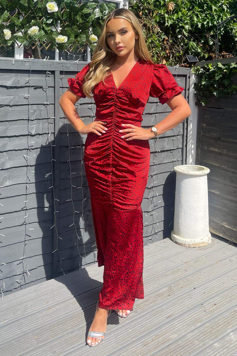 Ax Paris Red And Black Printed Short Sleeve Ruched Front Midi Dress