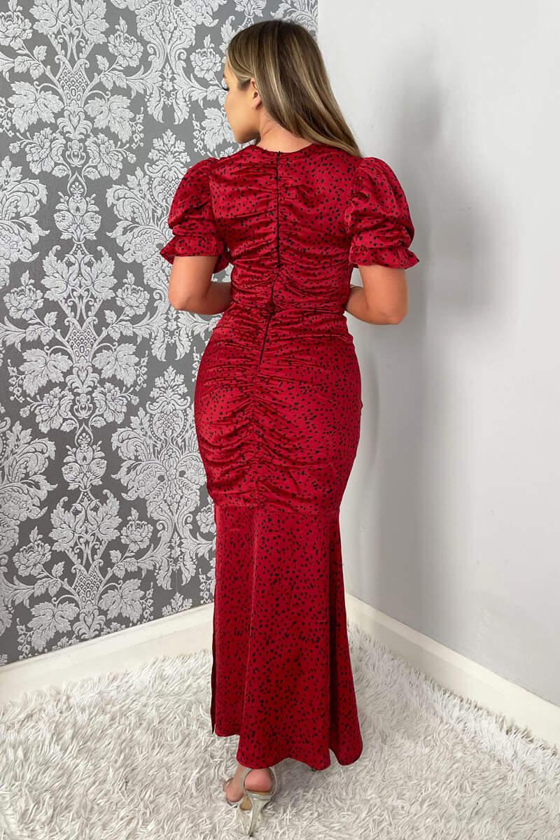 Ax Paris Red And Black Printed Short Sleeve Ruched Front Midi Dress