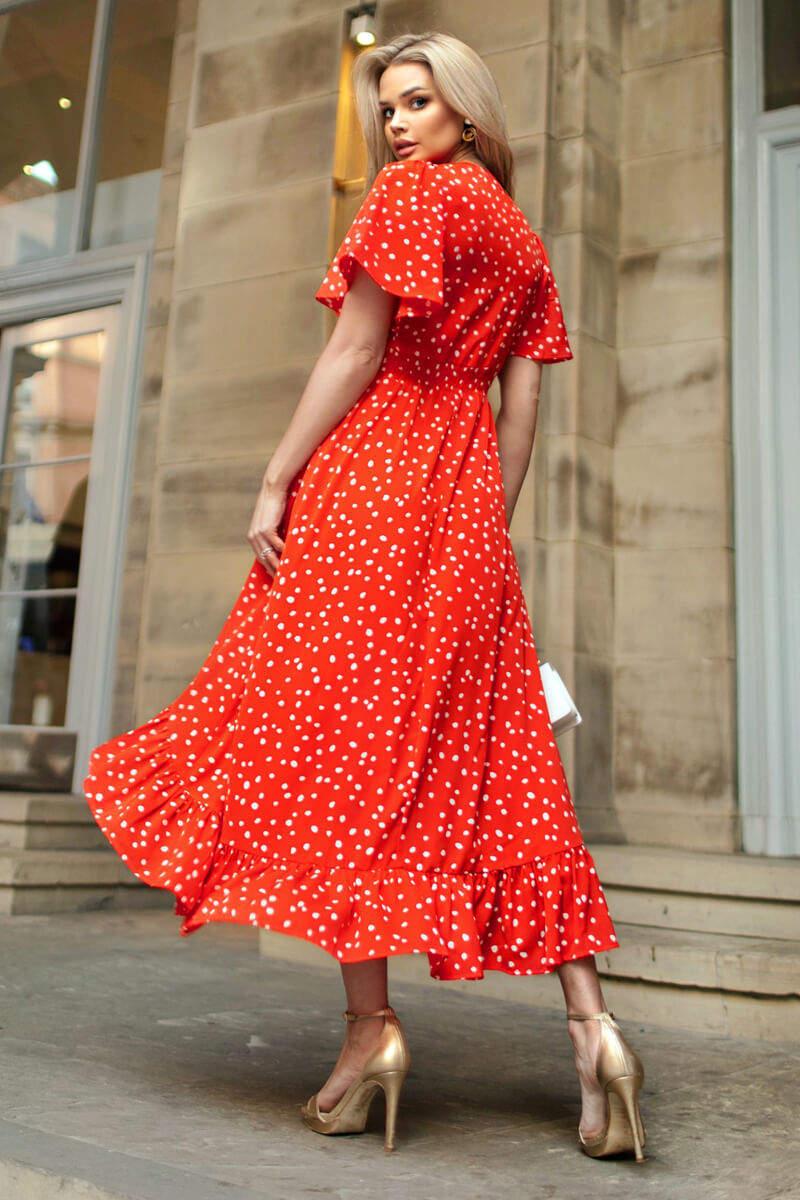 Ax Paris Red And White Polka Dot Printed High Low Midi Dress