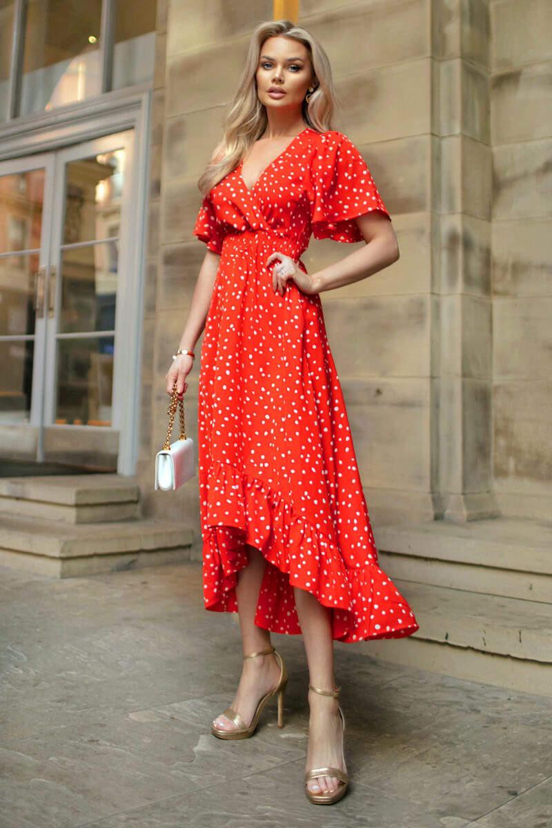 Ax Paris Red And White Polka Dot Printed High Low Midi Dress