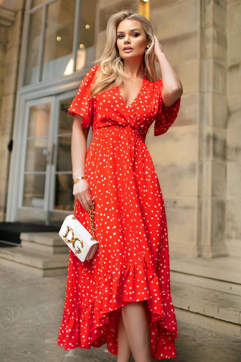 Ax Paris Red And White Polka Dot Printed High Low Midi Dress