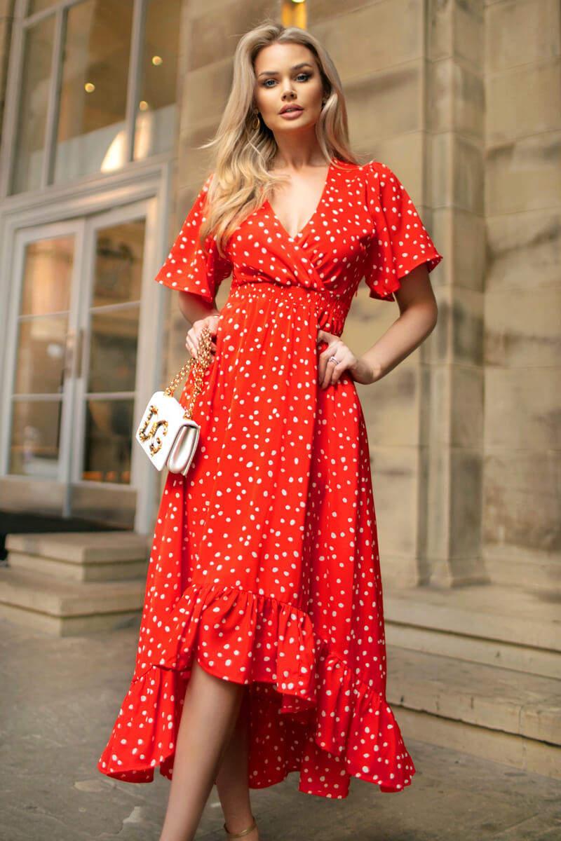 ax paris Red And White Polka Dot Printed High Low Midi Dress