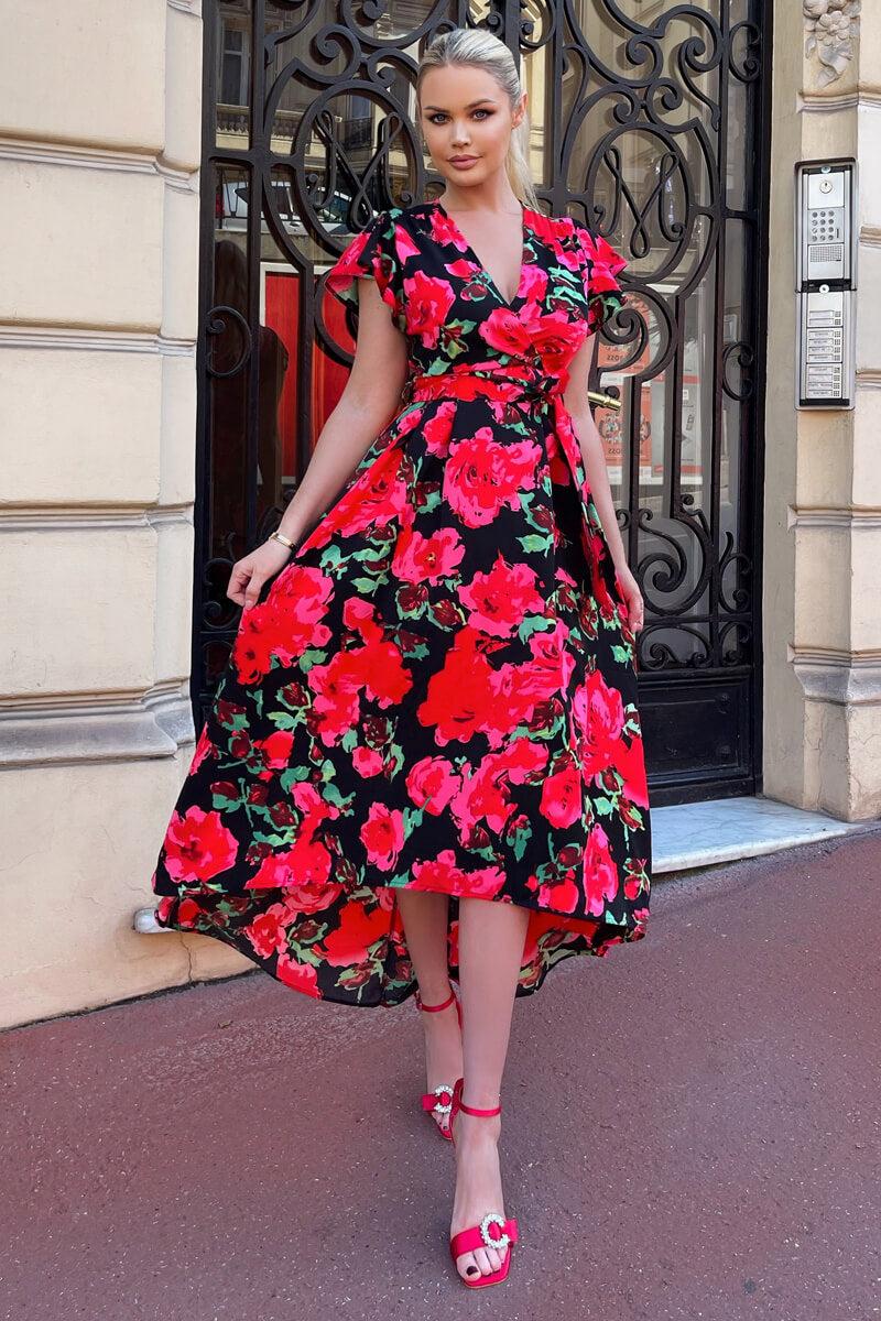 Ax Paris Red Floral Print Short Sleeve Belted Wrap Midi Dress