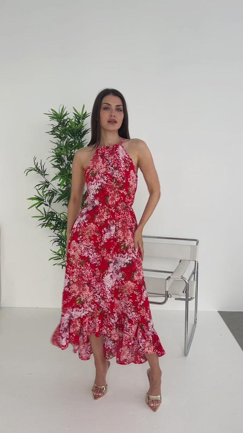 Ax Paris Red Floral Printed Frill Hem High Neck Midi Dress