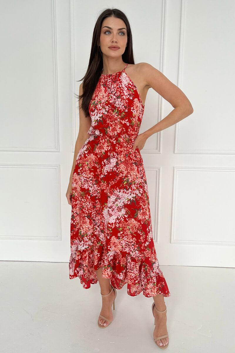Ax Paris Red Floral Printed Frill Hem High Neck Midi Dress