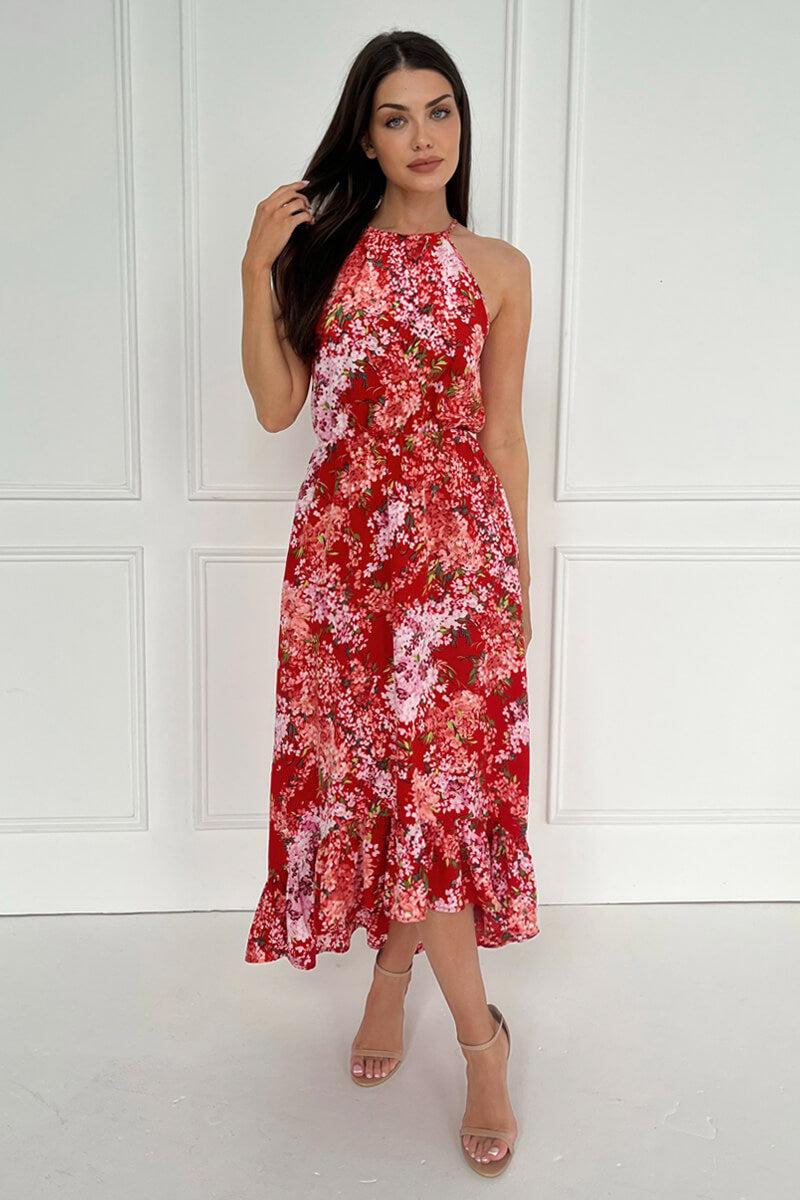 Ax Paris Red Floral Printed Frill Hem High Neck Midi Dress